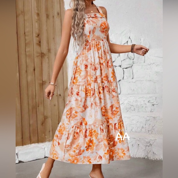 Boho Floral Print Spaghetti Strap Crisscross Black Dress - Picture 2 of 7